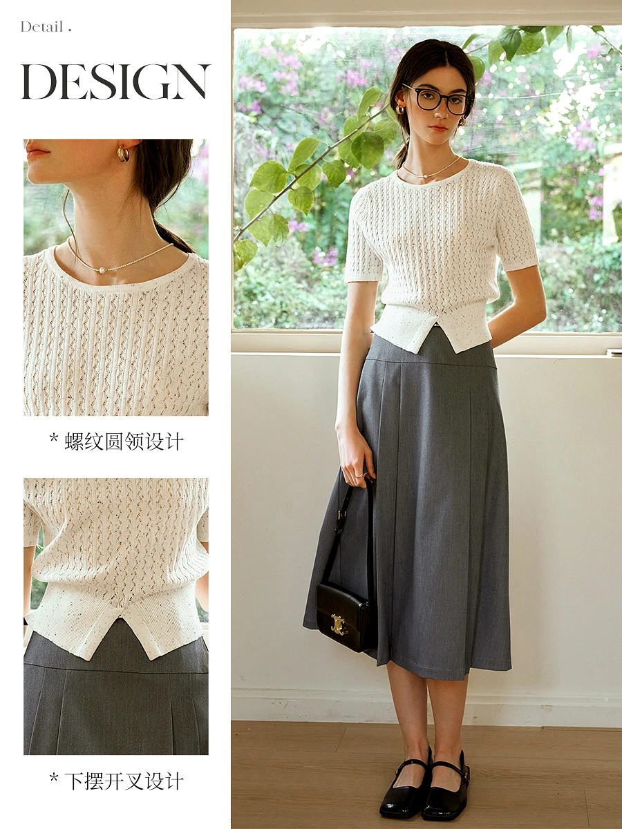 OLrain, prendas de punto para mujer, verano 2021, suéter tejido de manga corta blanco francés, moda para ir al trabajo, jersey con abertura de Color para mujer O57XZ96899