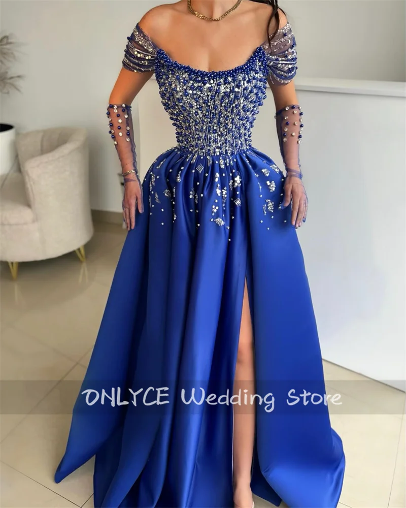 Luxury Royal Blue Evening Dresses With Two Gloves Pearls Beading Crystals Pleats فساتين طويلة Formal Prom Party Gowns Customized