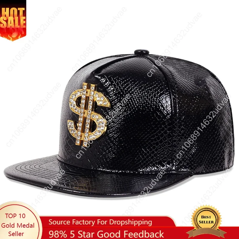 

Men Women Leather Hip Hop Cap Metal Dollar Sign Trim Cyberpunk Baseball Caps Adjustable Sports leisure Snapback Hats gorras