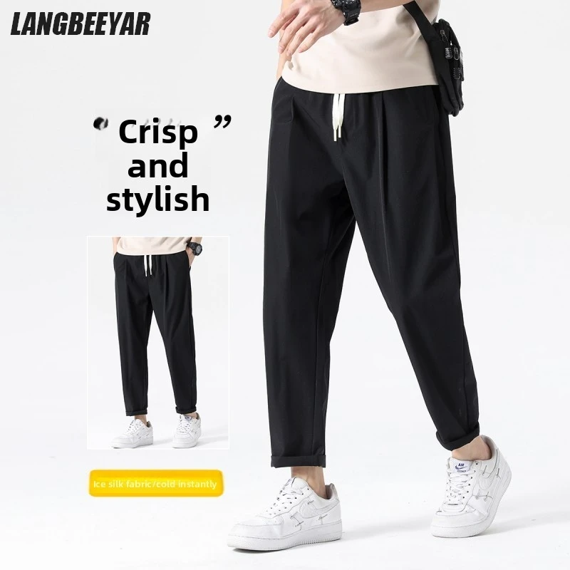 

Top Quality Ice Silk New Brand Casual Fashion Men Pencil Jogging Pants Strappy Big Size Running Trousers Men Clothes