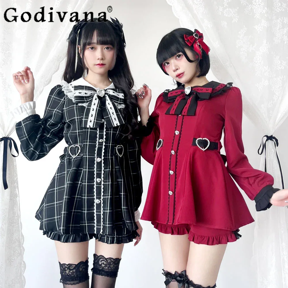 

Autumn New Mine Series Lolita Outfits Female Sweet Heavy Industry Big Bow Lace Slim Long-sleeved Dress and Shorts Two Piece Sets