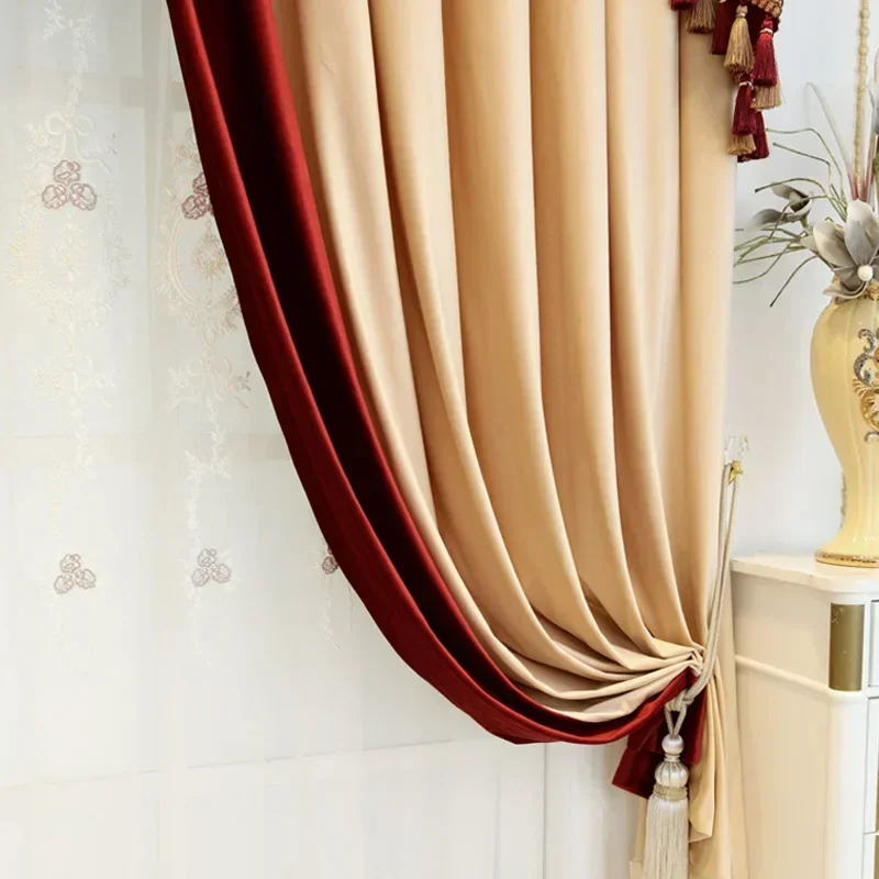 

Luxury Velvet Burgundy Patchwork Beige High Shading Celebration Wedding Room Customized Curtains for Living Dining Room Bedroom