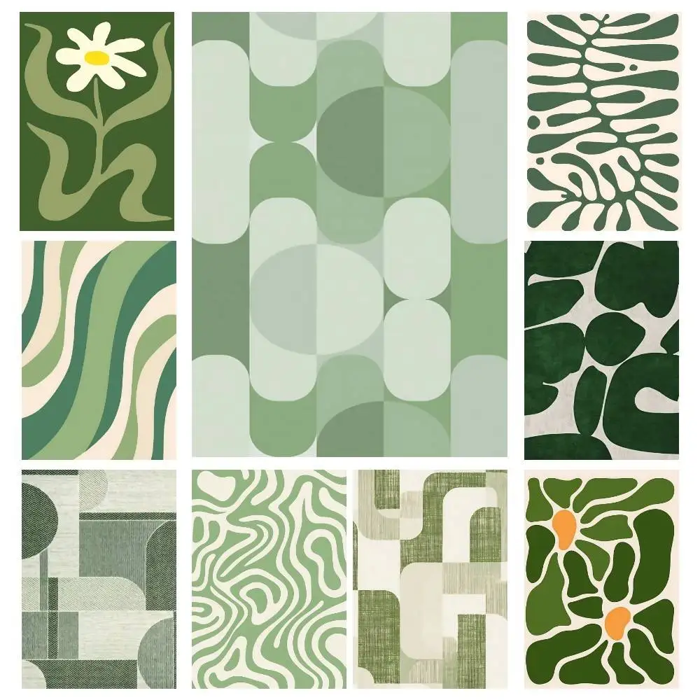 Mid-century Modern Minimalist Green Posters High Quality Self-adhesive Wall Art Decorations Color Prints Sticky