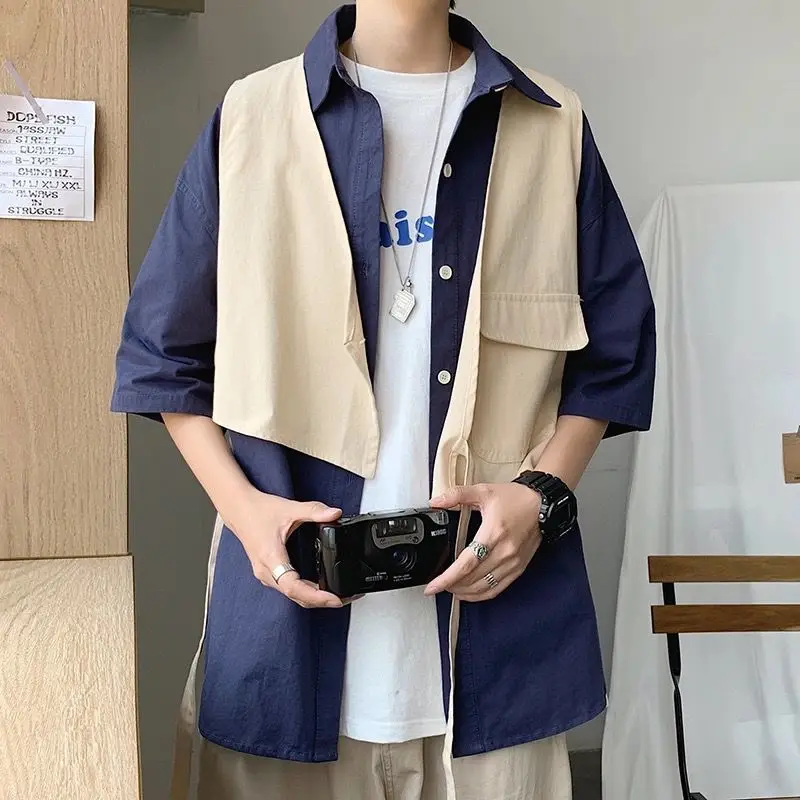 

Trendy Workwear Short Sleeve Shirt Men's Summer Loose Pocket Contrast Color Jacket