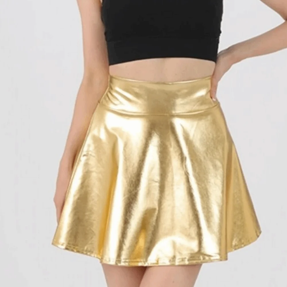 Elegant Metallic Pleated Skirt Retro Flared Design Shiny Short Dress Solid Color Gold Silver Pleated Skater Skirt Clubwear