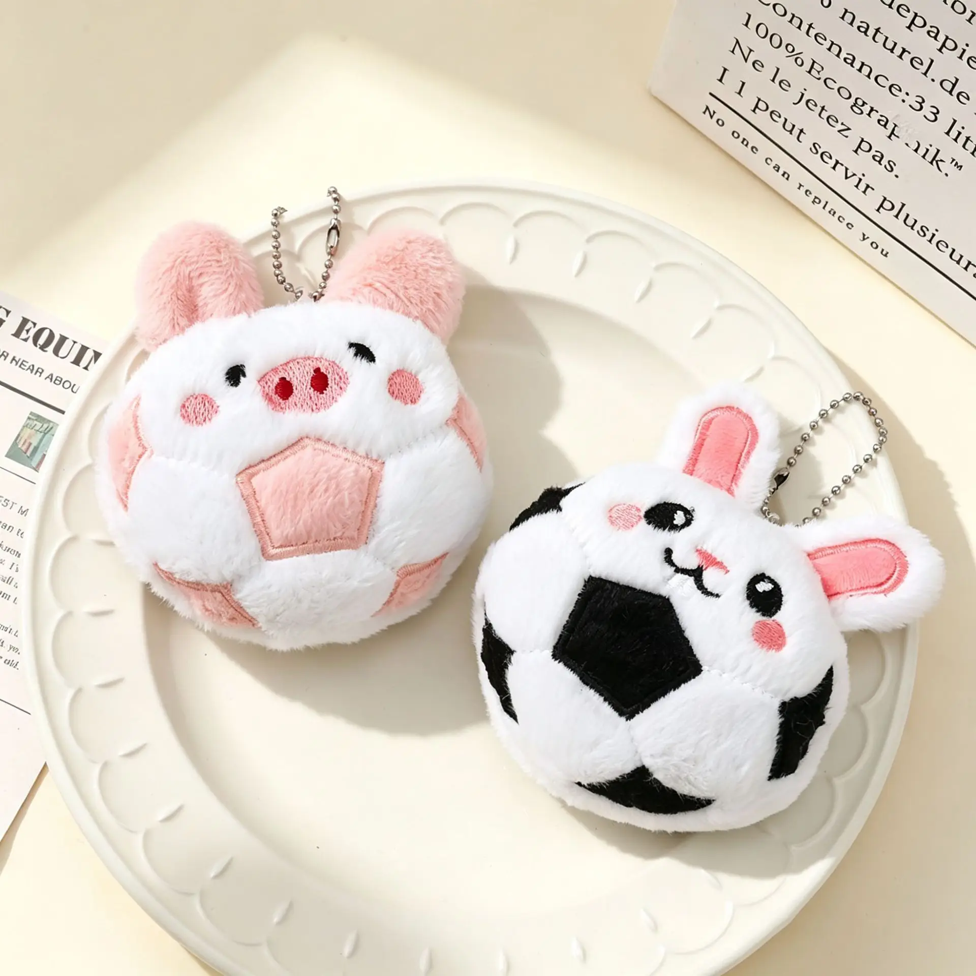 New Cartoon Plush Soccer Ball Keychain Creative Versatile Bag Charms Decorations Cute Little Pig Little Rabbit Plush Pendants