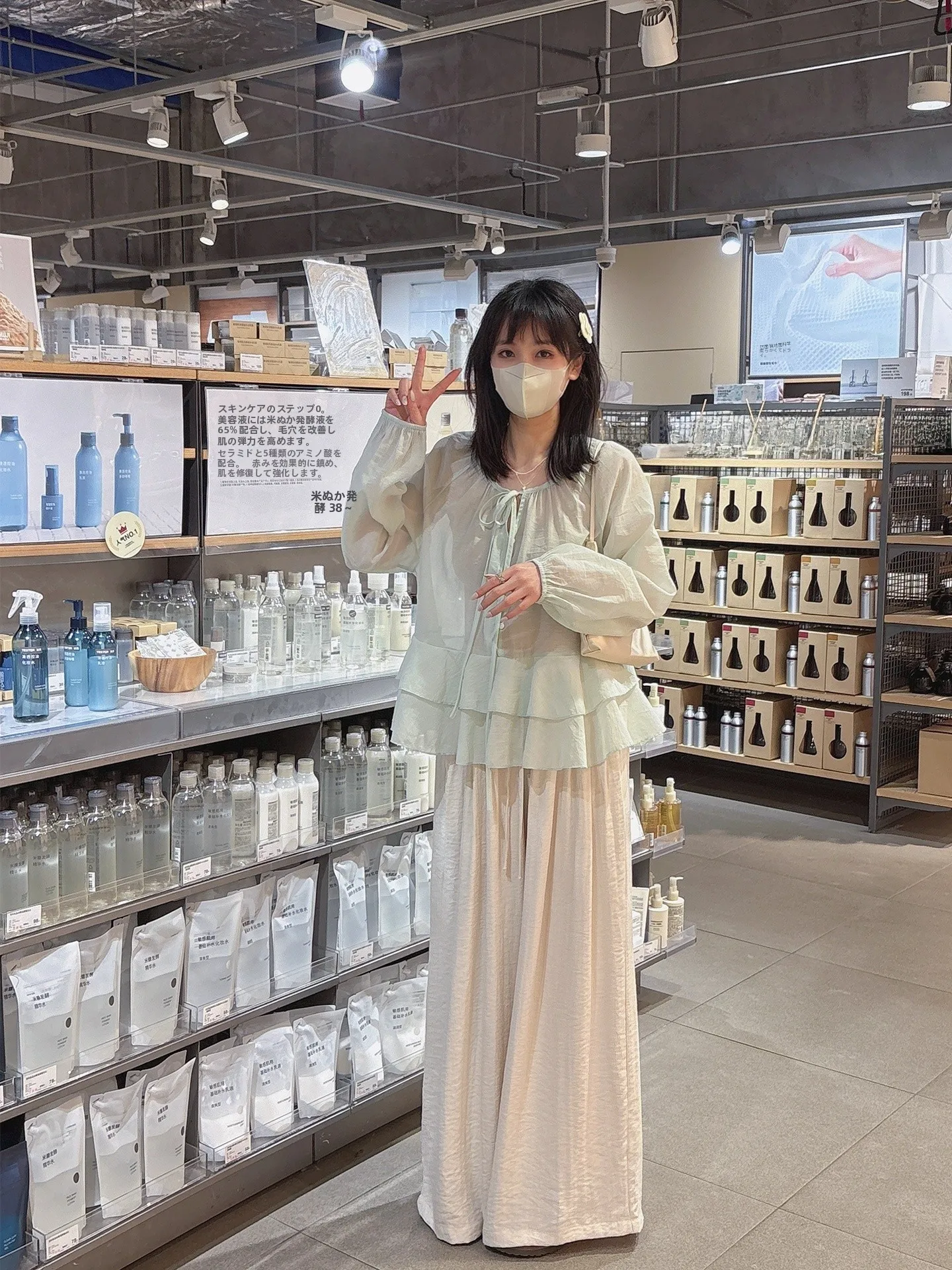 

XiaoYanHome Gentle Japanese Sle Long Sve Thin irt Mint een Loose Doll irt Spring Summer Lace Trim Belted Top