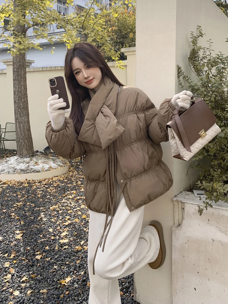 Winter Short with Scarf Lace Up Down Jacket Women White Duck Down Solid Drawstring Down Jacket Female Thick Warm Parker Outwears
