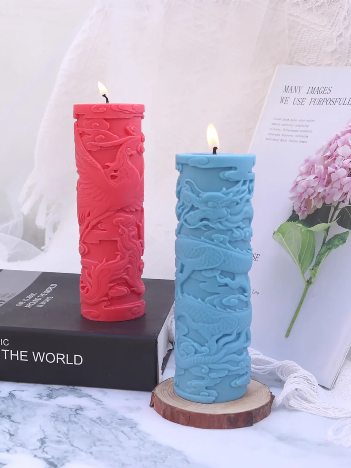 Dragon phoenix  Embossed Candle Mold Square Columnar Dragon Pattern Aromatherapy Candle Silicone Mold DIY Home Decoration Mould