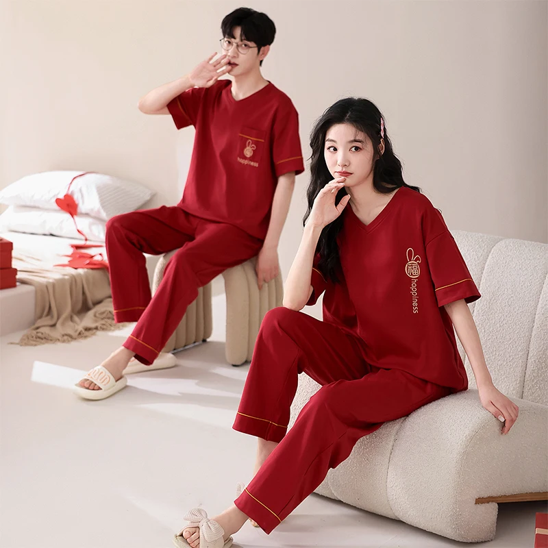 High Quality Couple Pajamas Sets 100% Cotton Short Tops+Long Pants Sleepwear Women and Men Casual Pyjamas