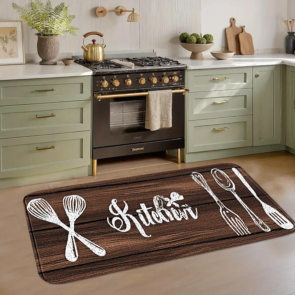 A Vintage Wood Grain Kitchenware Print Long Kitchen Mat, Non-Slip, Water-Absorbent, Dirt-Resistant, Non-Slip Household Foot Mat