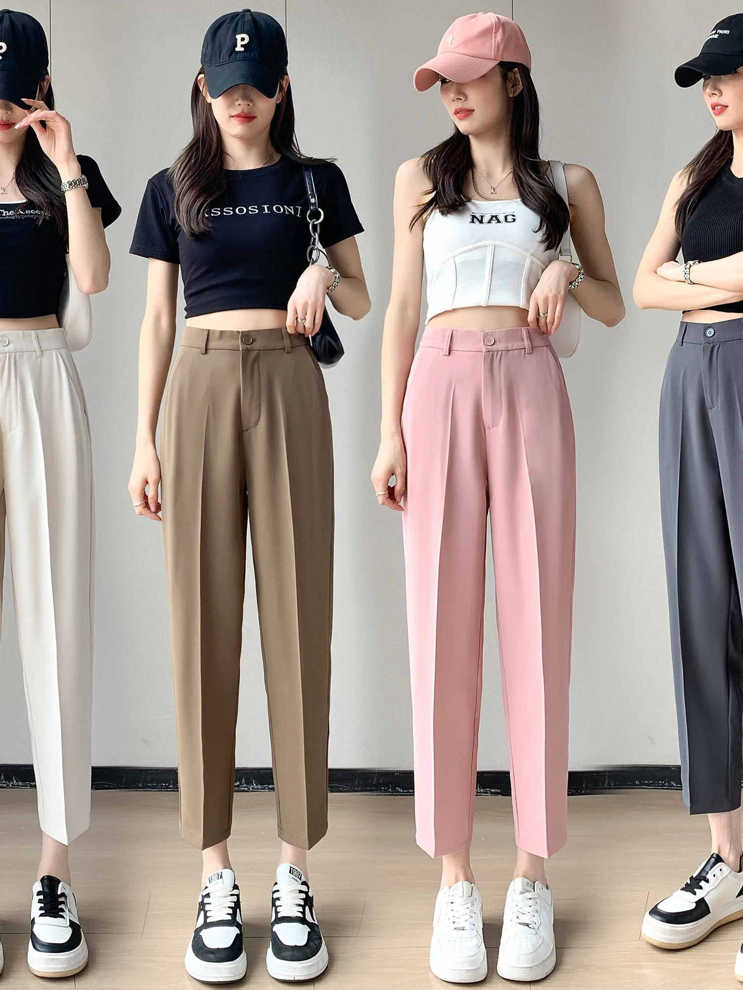 ارتفاع الخصر سليم صالح سراويل تقليدية المرأة Faion 2025 جديد Sle مستقيم الساق تسع نقاط بنطلون تنوعا عالية الخصر السراويل