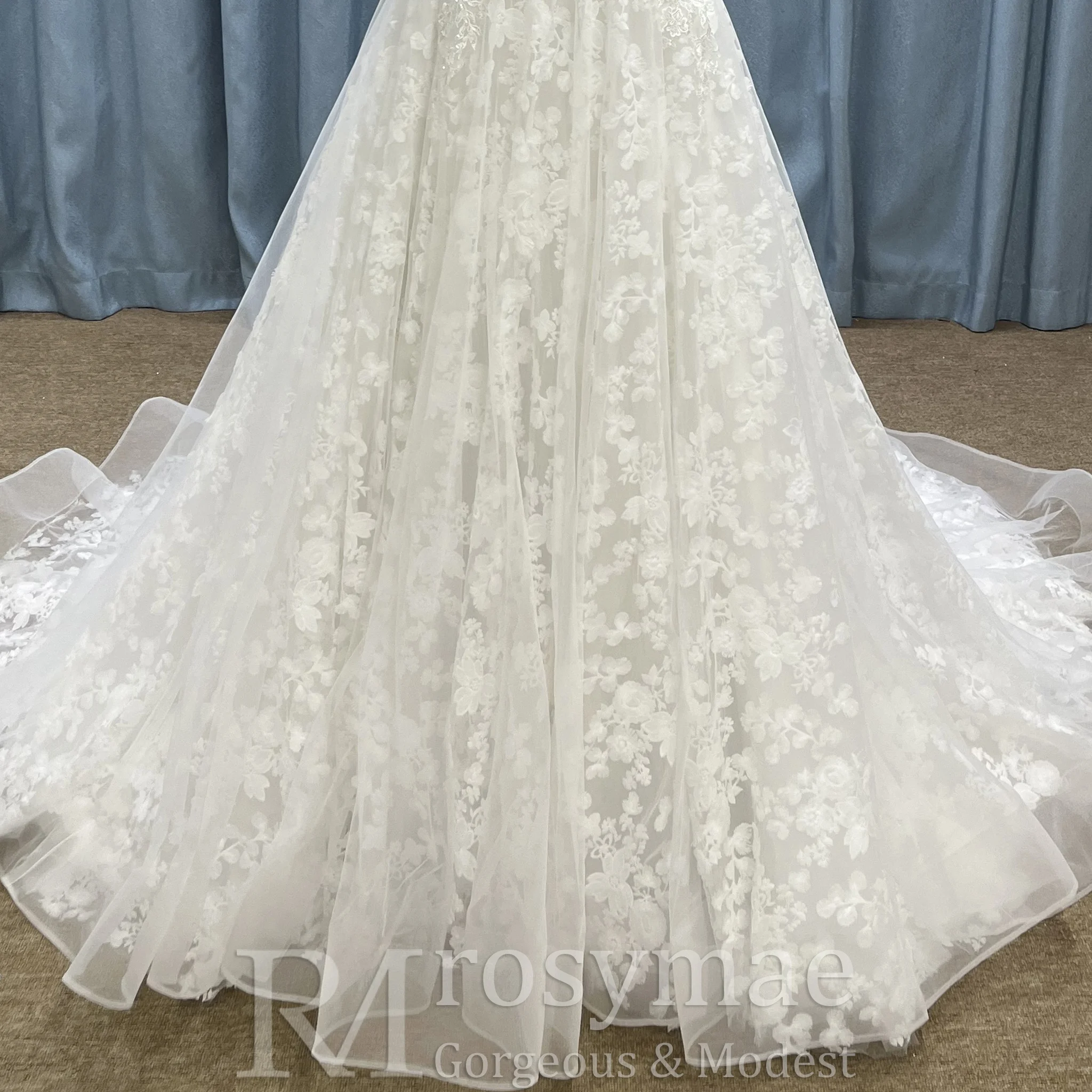 Rosymae خارج على الكتف الأزهار الدانتيل الكرة ثوب الزفاف فستان أنيق كم طويل فستان زفاف أبيض vestidos de boda para fiestas