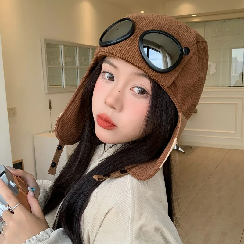 New Autumn Winter Hats men's women's Velvet Warm Hats Goggles Flying Hats Versatile Windproof Ear Hats Gorras Cappello 4m736