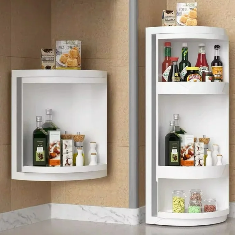Kitchen Rotating Storage Rack Corner Shelf 360° Rotateable Household Layered Adjustable Shelf Organizer Spice Cans Bottle Holder