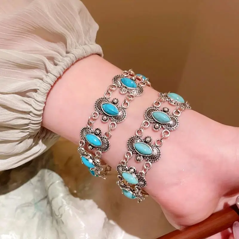 Vintage Ethnic Bohemian Turquoise Bangle For Women Adjustable Bracelet Wrist Band Jewelry Gift