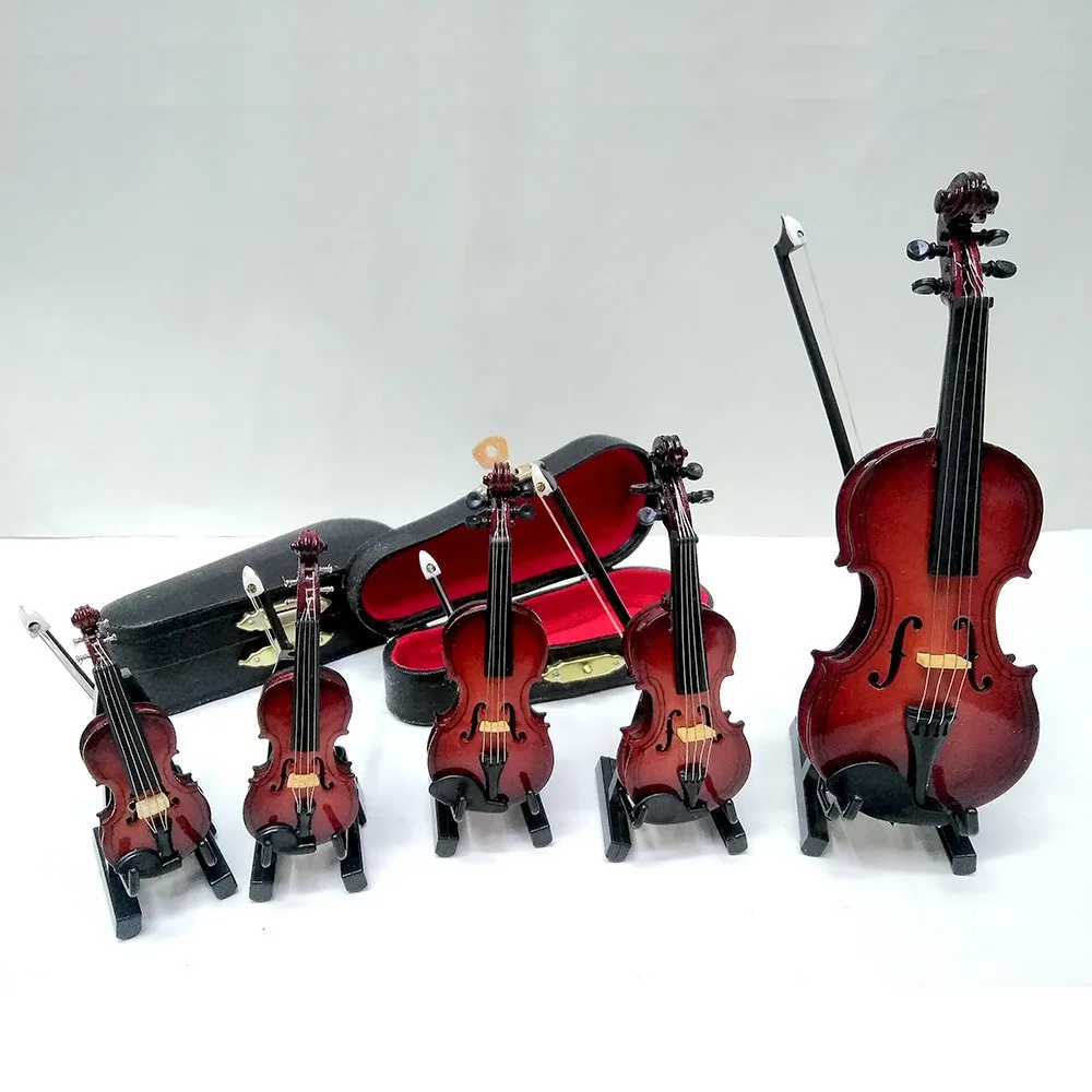 Mahogany Mini Violin With Support Multi-dimension Wooden Mini Musical Instruments Home Decor Crafts Brown Violin Model