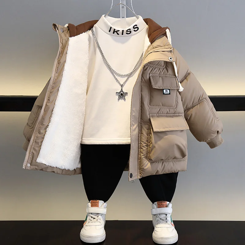 Children Winter Warm Thicken Plus Velvet Jacket Teen Hooded Coat kids Parka Outerwear Boys Clothing Casual Clothes 2-14 Years