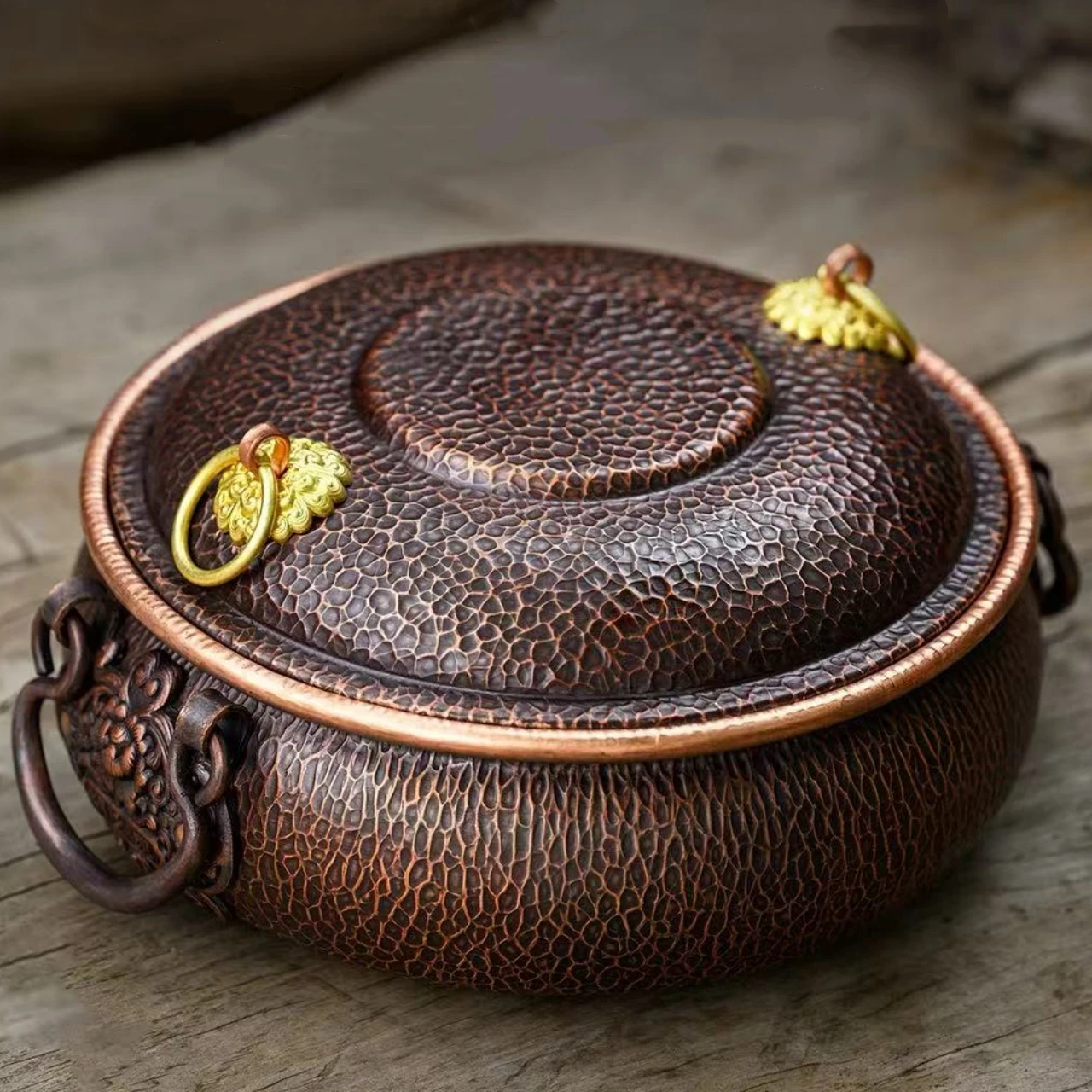 Handcrafted Vintage Copper Pot,Hot Pot Cooking Utensil With lid Simmering and Pasta Stewing,Hammer Texture 20 cm Handheld Pot