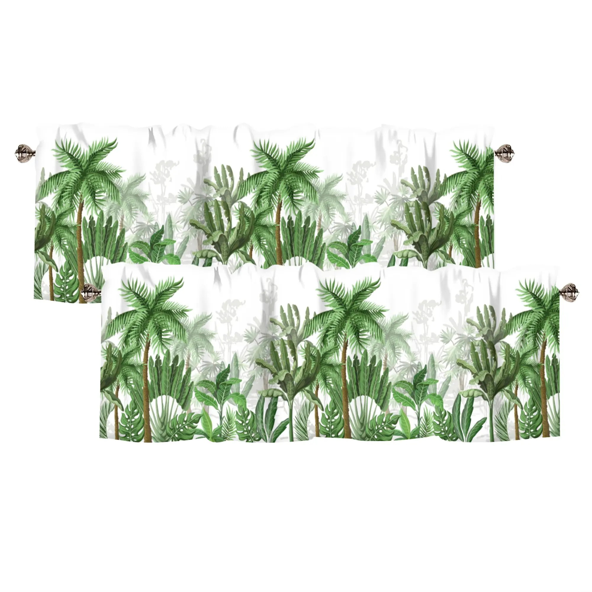 2 Pack Tropical Plants Valance Curtain Tier Window, Summer Coconut Jungle Rod Pocket Light Filtering Window Small Curtain