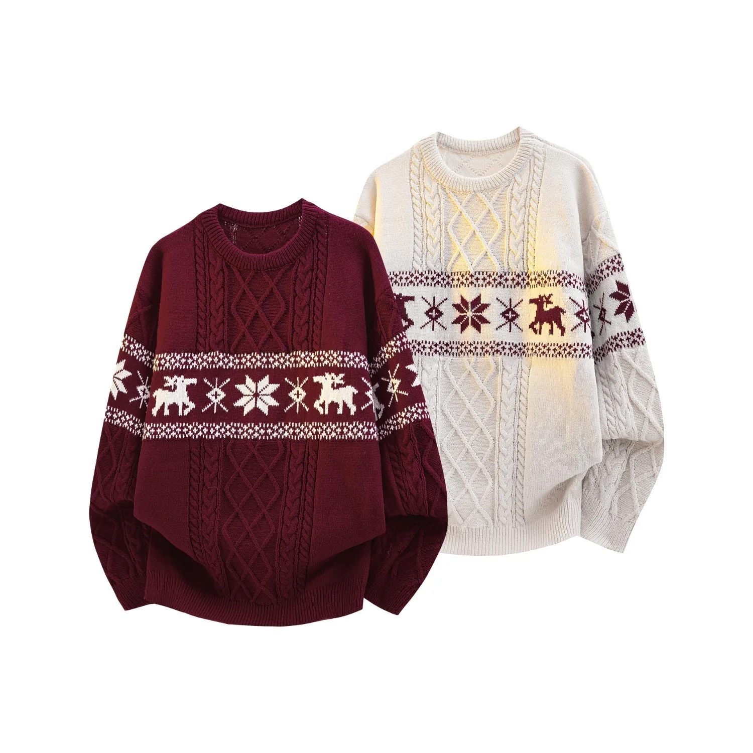 Retro Japanse stijl kerstrode gebreide herentrui Winter Luie stijl Overhead Twist Knitwear Casual ronde hals Top Paar