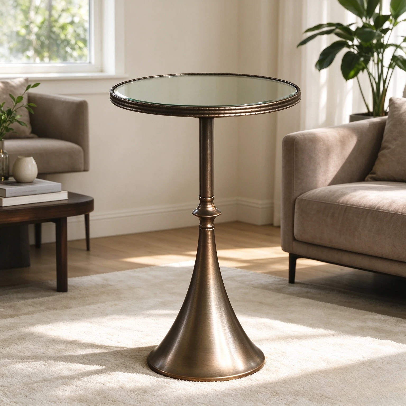 Iron and Glass Round Side Table, Embossed Edge Sofa Corner Coffee Table for Balcony, Cafe, Hotel and Restaurant Seating Areas