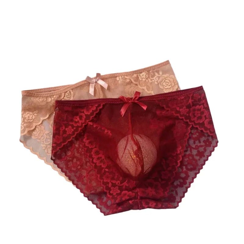 Men Sissy Panties Traceless Lace Flower Briefs Seductive Transparent U Convex Underwear See Through Lingerie Low Rise T-Back