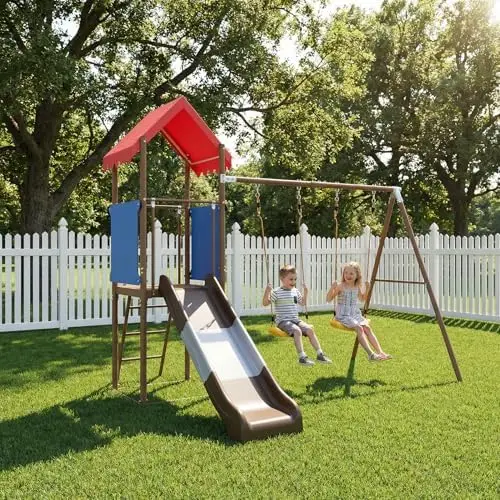 Metal Swing Sets for Backyard | Outdoor Playset with Slide, Outdoor Playground with 2 Swings, Durable Play Equipment