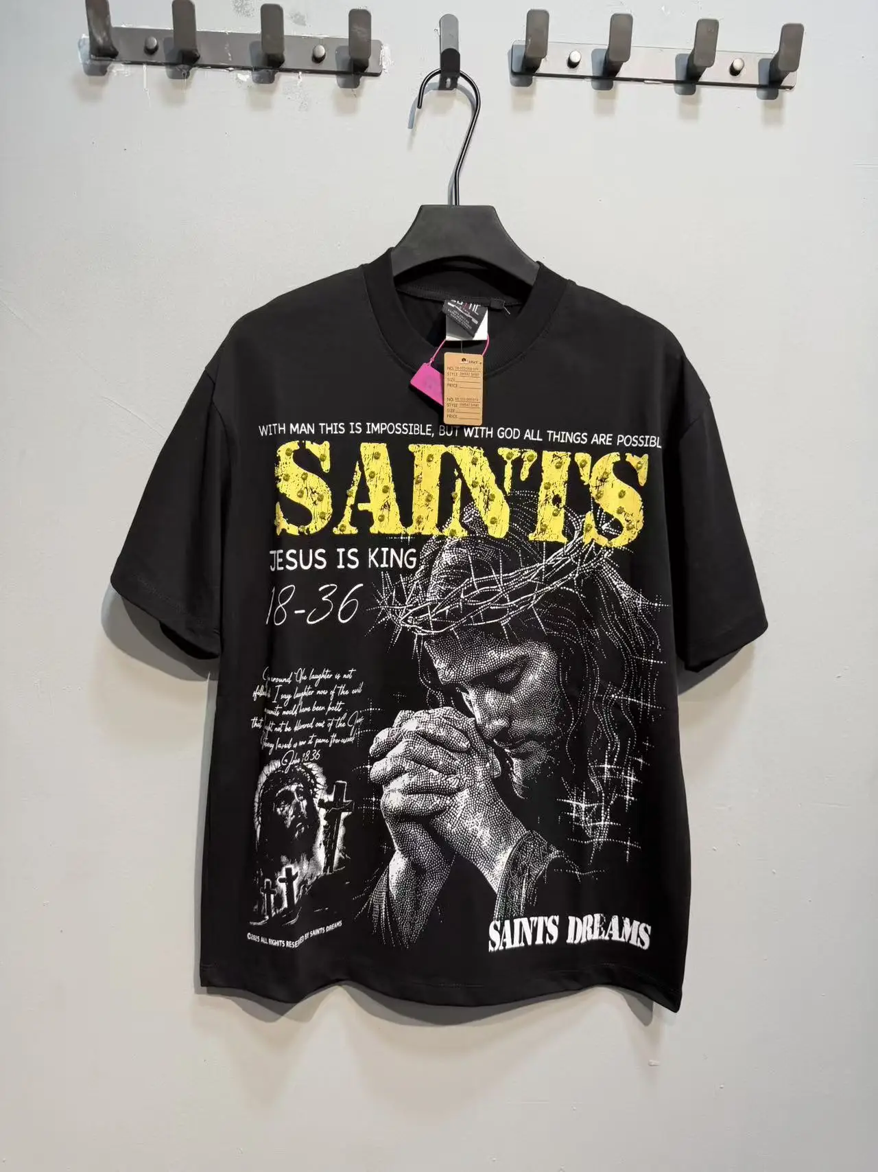 Jesus Is King Saint Tshirts Hotfix Rhinestone Thorn Prayer Print Vintage Distressed Round Neck Short Sleeve Summer Men Women Tee