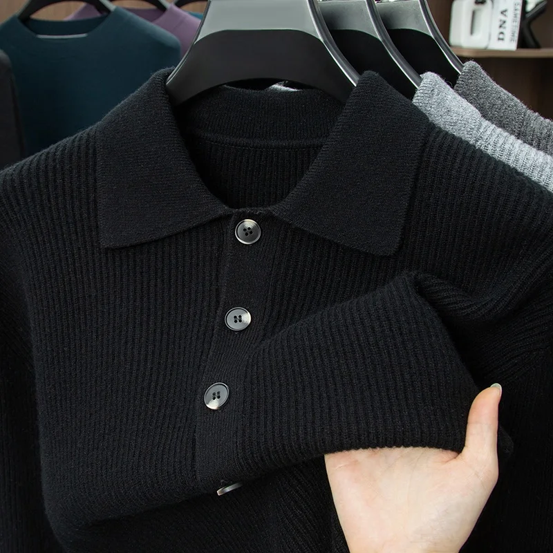 Man Luxury Brand Long Sleeves Knitwear 100% Wool Lapel Four-Button Non-deforming Warm Autumn New Sweater Lazy Leisure Men's Tops