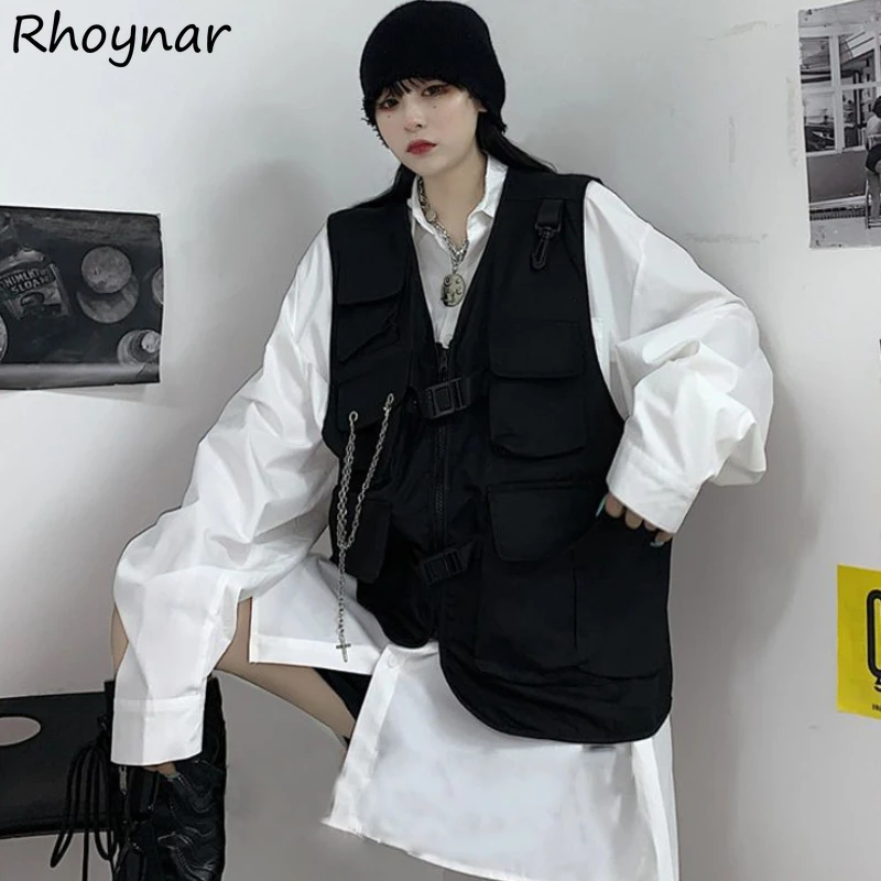 Women Black Cargo Vests Multi-pockets Techwear BF College Sleeveless Jacket Baggy Stylish Hip Hop Teens Harajuku Street Wear