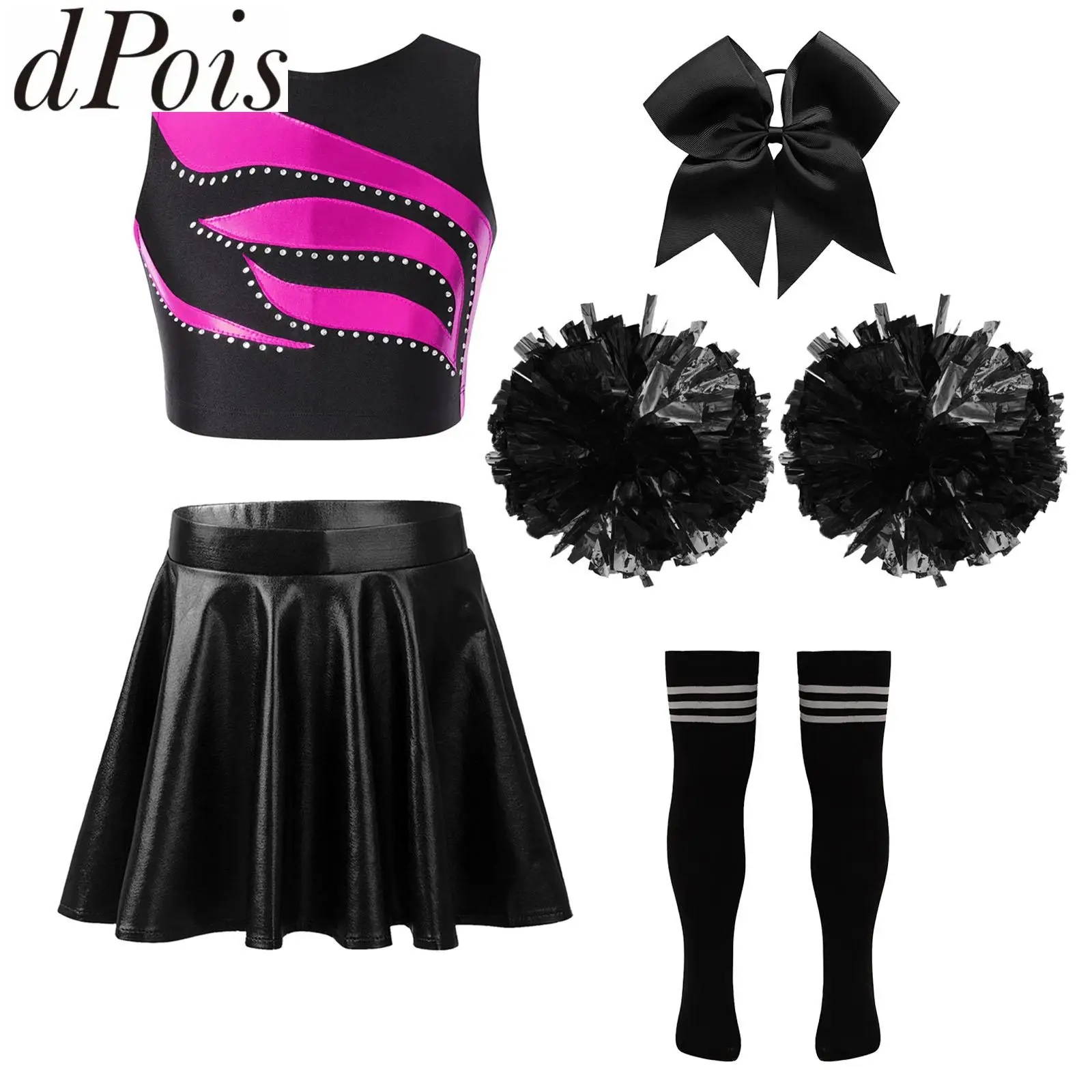 Kids Girls Cheerleading Costume Outfits Cheer Modern Dancewear Sleeveless Crop Top with Flared Skirt Headwear Hand Flowers Socks