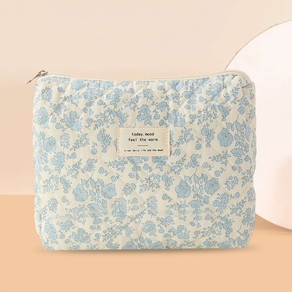 Women Floral Cosmetic Bag Printed Cotton Aesthetic Toiletry Purse Large Capacity Zipper Closure Female Travel Bag