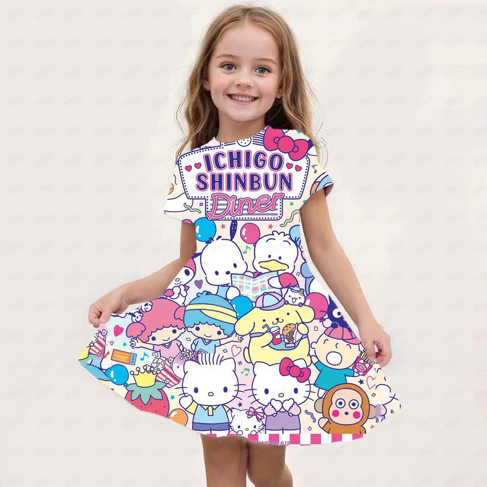 Miniso Cute Hello Kitty 3D Print Girls Short Sleeve Dress Children’s Summer Cool Clothing Soft Skirt Kids Nightgown Camping Gift