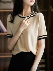 Summer New Color Contrast Short sleeved T-shirt Women's Casual Versatile Round Neck Knitwear Women's Top 6809