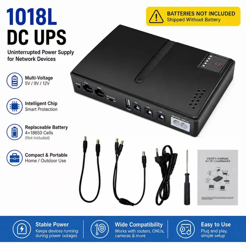 1018L DC Uninterruptible Power Supply, AC85-265V Backup Power Supply for Routers and Optical Modems, 5V/9V/12V/15V/24V