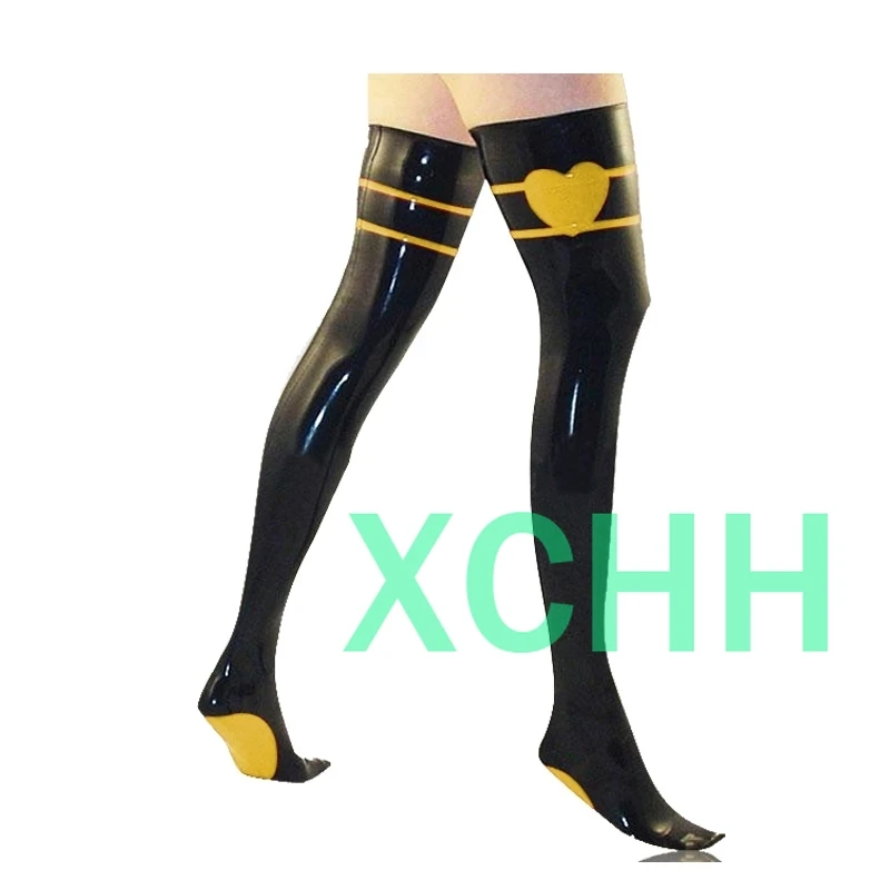 

100% Natural Latex Stockings Party Club Wear Black with Yellow Cosplay Costumes