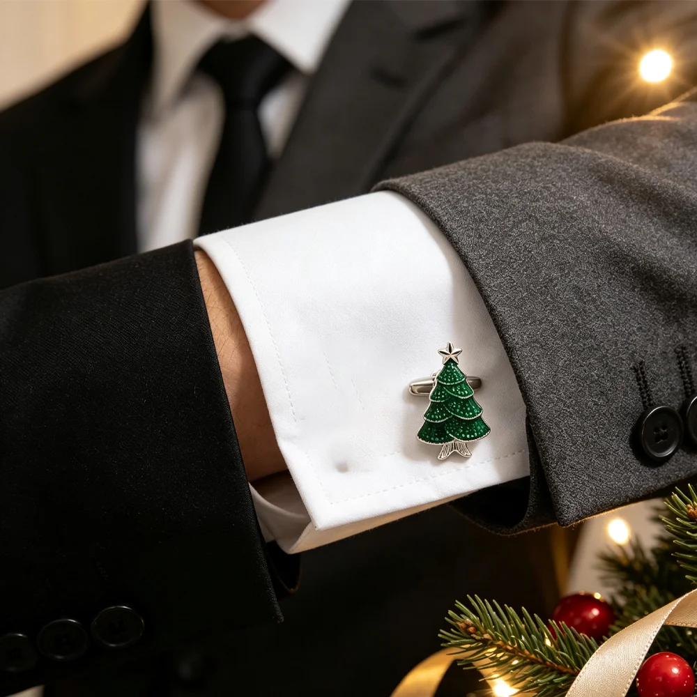 Christmas Tree Cufflinks Green Enamel Xmas Tree Star Design Men Shirt Cuff Buttons Festival Party Accessories Gift for Gentleman