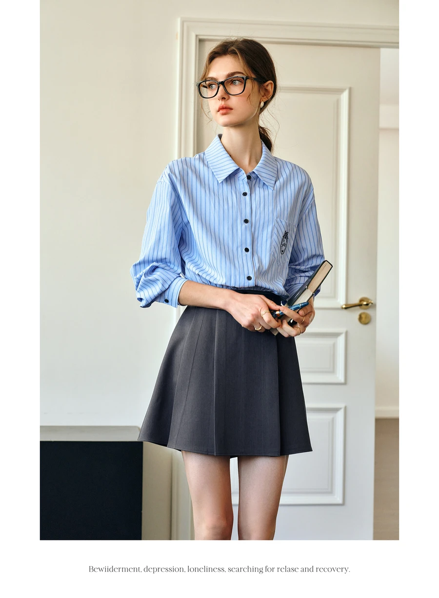 

Olrain Long Sleeved Dress for Women's 2025 Commute Two-In-One Blue Striped Shirt Pleated A-Line Mini Skirt New Dress M57cl96298