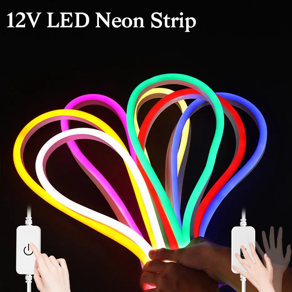 

Светодиодная неоновая лента с регулируемой яркостью, 12В, с сенсорным управлением, управление жестом, теплый/белый/красный/зеленый/синий/розовый/желтый свет, 12В, 1-5м, для домашнего декора