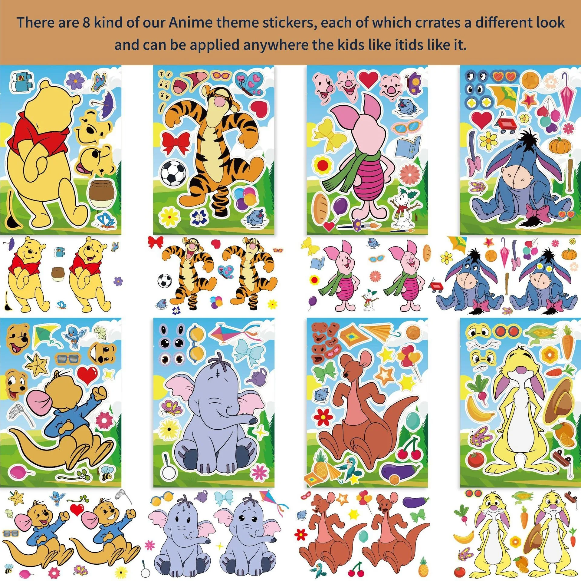 

8Sheets Disney Pooh Bear Piglet Tigger Puzzle Stickers DIY Phone Laptop Luggage Skateboard Graffiti Decals Fun for Kid Toy Gifts