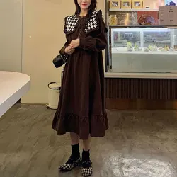 Vintage Printed Doll Collar Midi Dress Women's Clothing Sweet Patchwork Spring Autumn Long Sleeve Elegant A-Line Waist Dresses