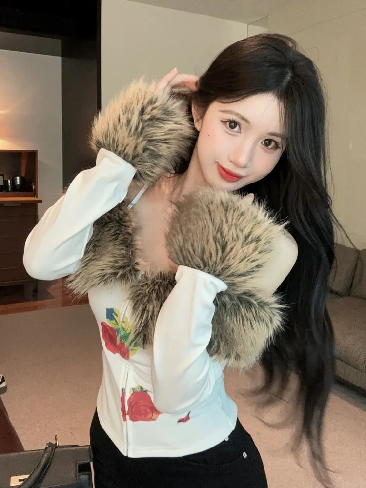 

Retro Unique Fur Collar Patchwork Zipper Halter Neck Long Sleeve Top One Shoulder Bared Shoulder Citywalk Style Standard Fit ...