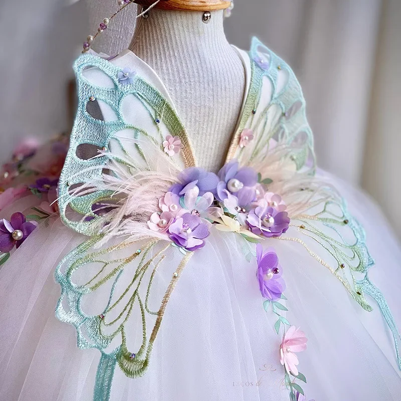 Baby Kid Girl Princess Dress Butterfly Wings Flower Child Fluffy Gauze Flower Pearl Lolita Princess Dress Christmas Toddler Wear