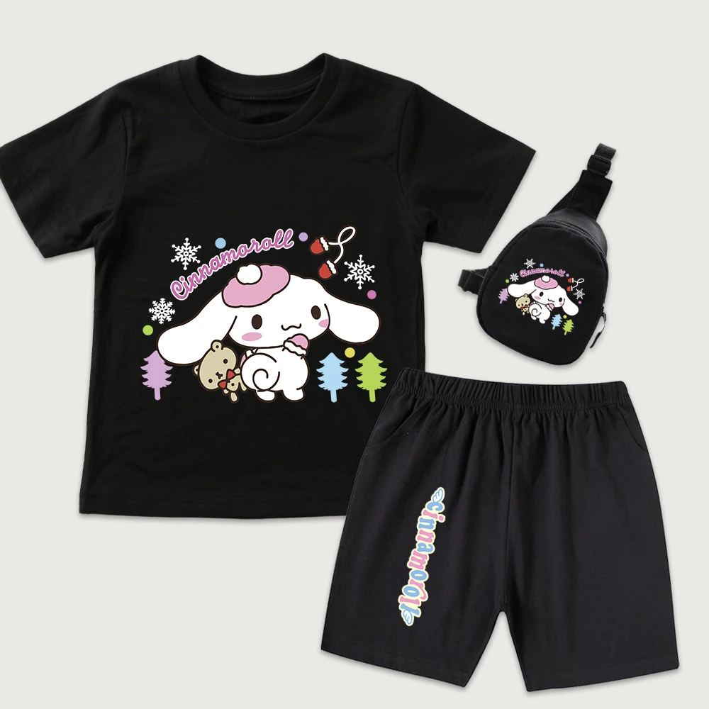 

Детская хлопковая футболка с принтом Cinnamoroll Winter Forest Friends, шорты, мини-сумка на грудь, комплект из 3 предметов для мальчиков и девочек, летняя одежда