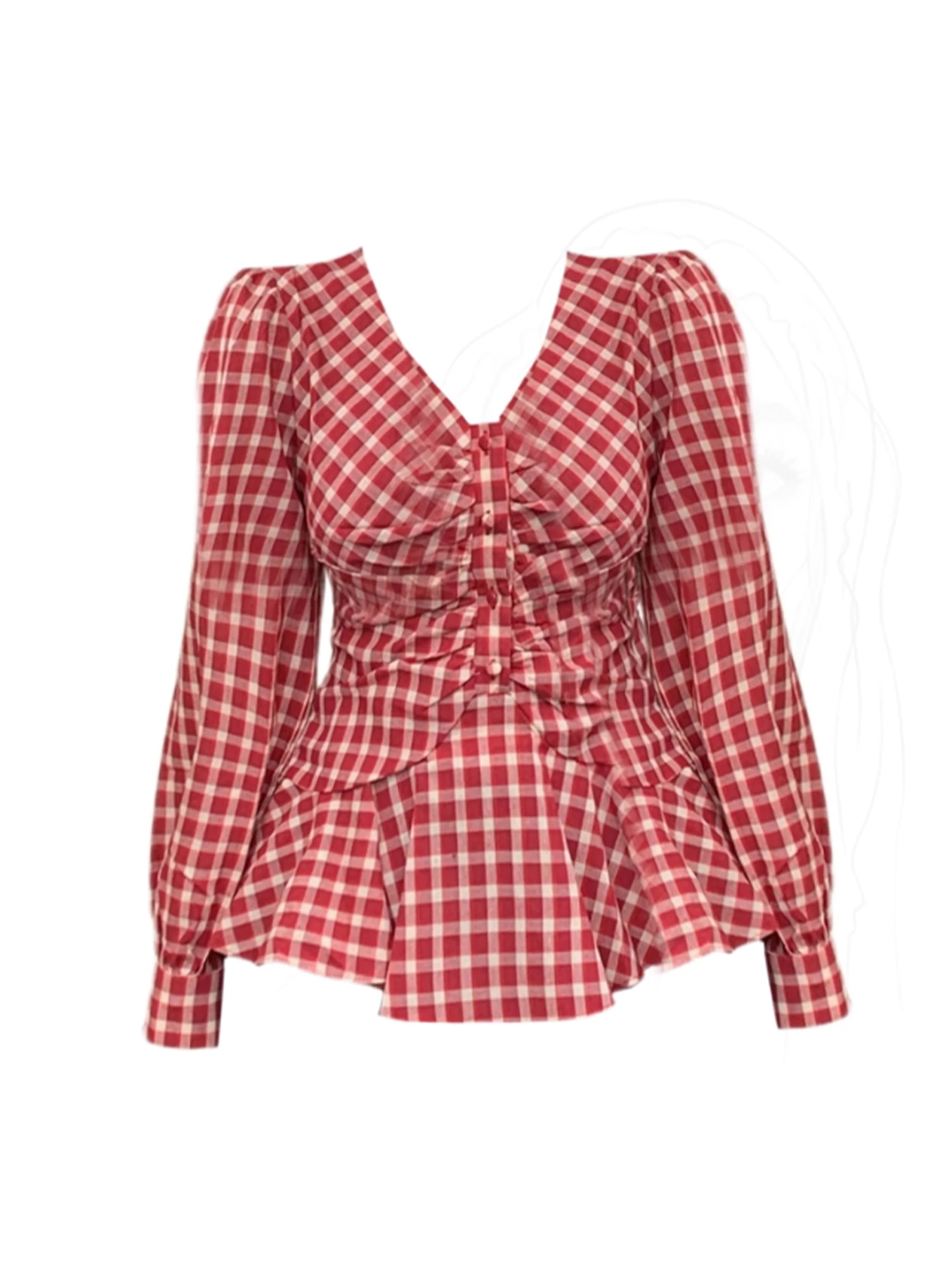 

Женские красные рубашки в клетку, блузки, винтажные Y2k, эстетичная элегантная рубашка в корейском стиле 2000-х годов с длинным рукавом и v-образным вырезом, одежда на осень-весну