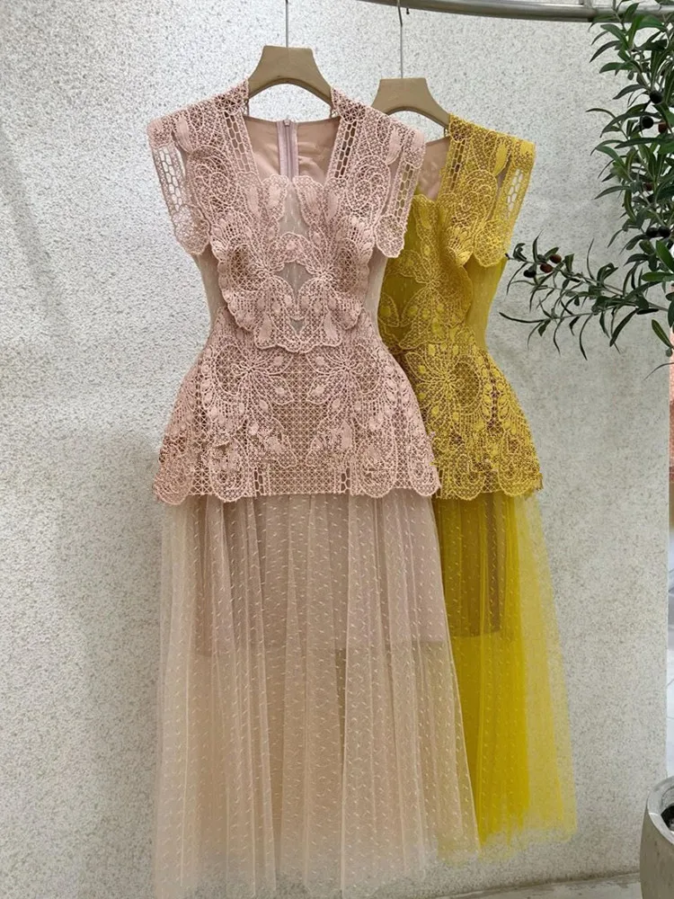 

High Quality Designer New Lace Embroidery Women Sleeveless Square Collar Three-Dimensional Runway Long Dress