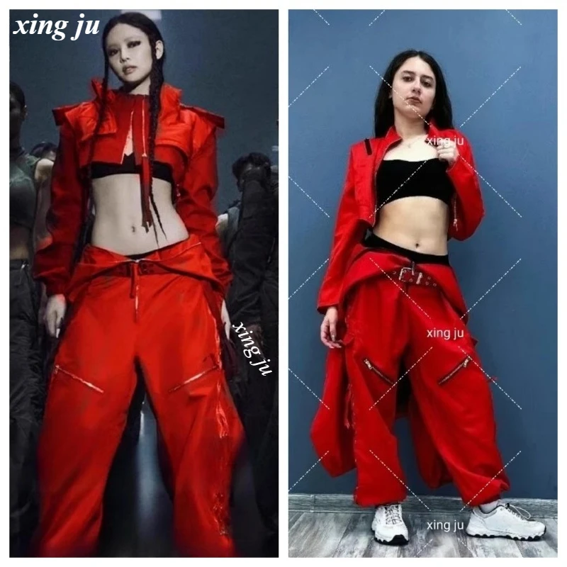 Xing Ju Korean Women Group Jennie Jazz Dance Costumes Red Short Jackets Sexy Tight Black Vest Loose Trousers Kpop Stage Outfits