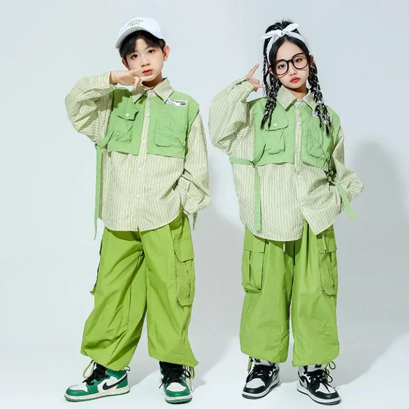 Kid Hip Hop Blue Straps Oversized Shirt Top Lace up Casual Cargo Jogger Pants for Girl Boy Jazz Streetwear Dance Costume Clothes