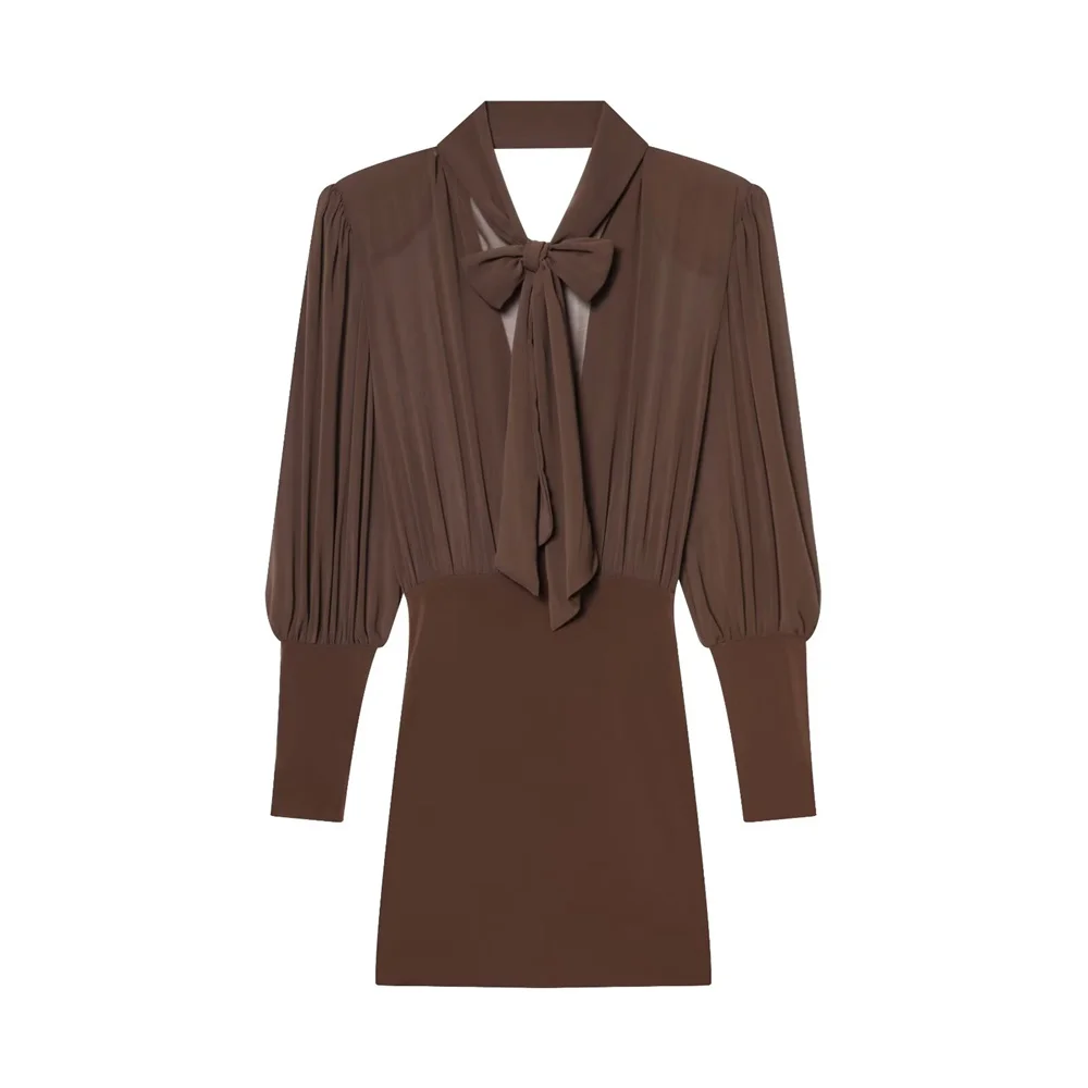 ملابس نسائية شتوية جديدة بمزاج نحيف مع وسادات كتف وأكمام طويلة وياقة واقفة وفتحة على شكل فيونكة فستان قصير